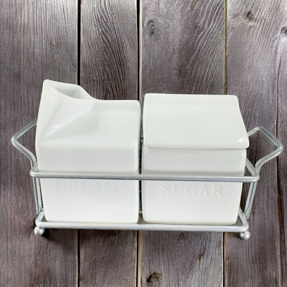 Denmark Sugar And Creamer Set 2‎ Vitrified Porcelain White Ceramic W Metal Rack